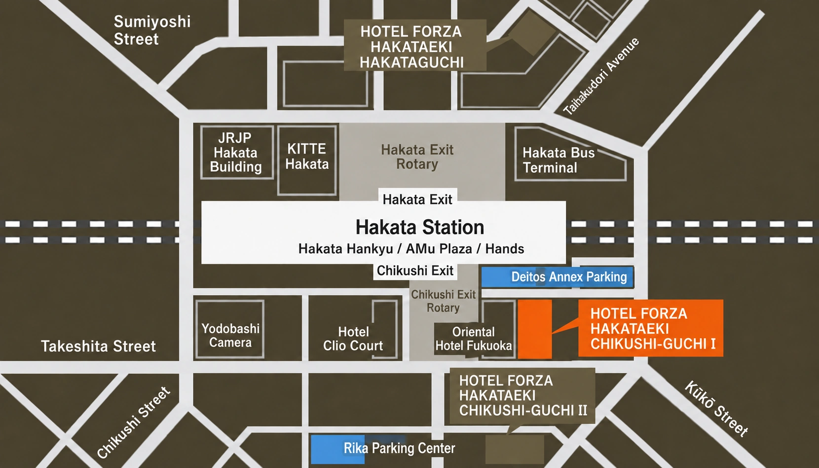 Map of the three Hotel Forza properties around Hakata Station. Chikushi-Guchi I is highlighted in orange.